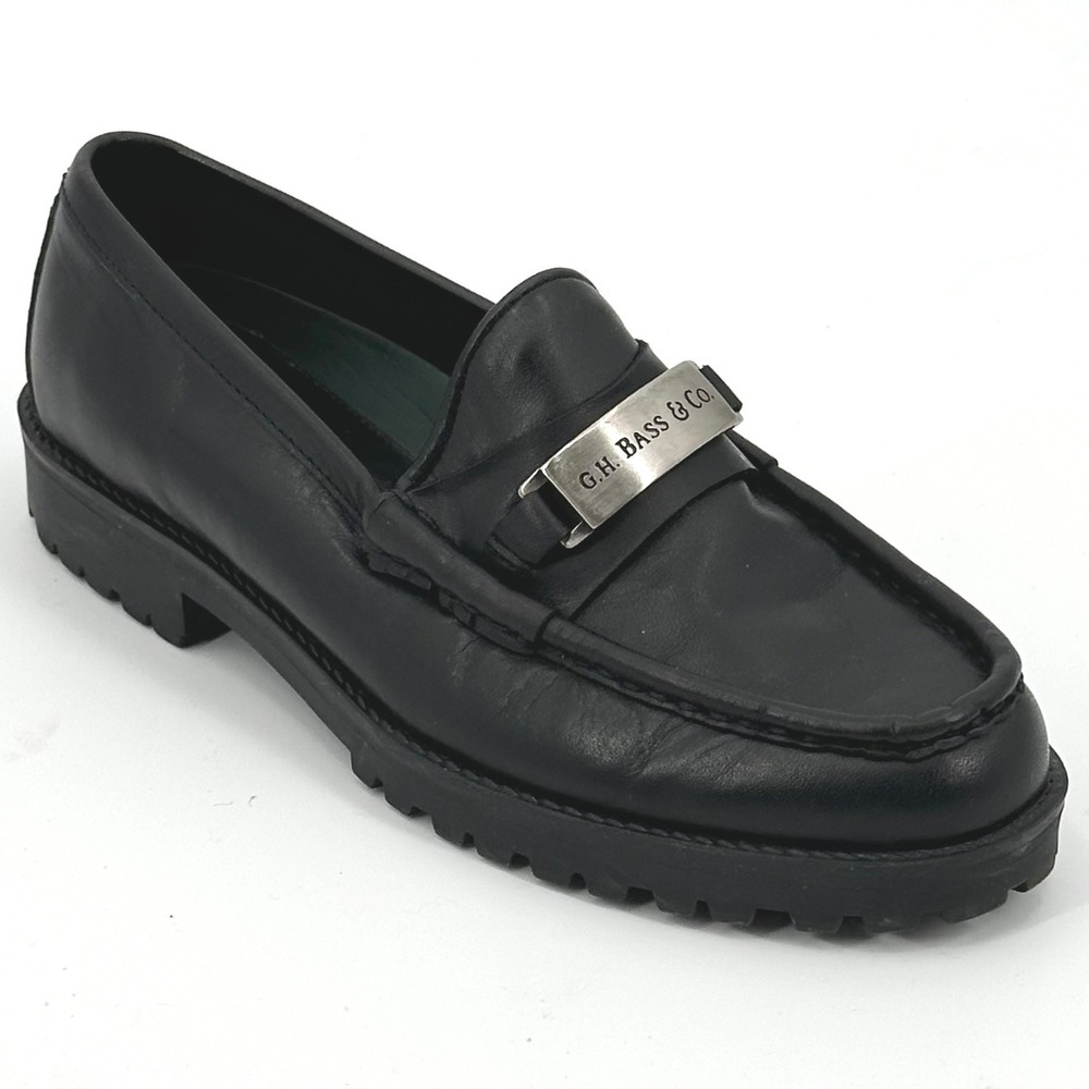 GH Bass & Co Black Leather Lug Sole Loafers Metal Logo Plaque Women 5.5M